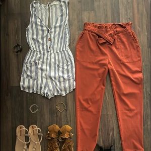 Blue & White Romper / High Waisted Dress Pant